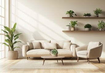 Sofa, armchair, and coffee table in a beige living room interior with a wooden floor and plants on a shelf wall. 3D rendering illustration. Stock photo of modern home decor, interior design concept. 