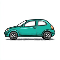 Obraz premium Side View of a Cartoon Style Compact Car with Bright Colors on a White Background for Creative Use