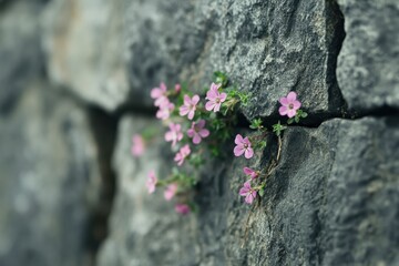 Delicate pink flowers bloom from weathered stones in a serene, rustic setting during springtime