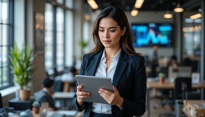 Businesswoman Using Tablet Device in a Modern Corporate Office Setting