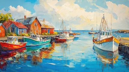 A picturesque harbor scene with colorful boats and houses, a clear blue sky, and a calm sea
