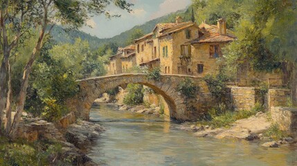 A picturesque stone bridge arches over a tranquil river, leading to a charming village nestled amongst lush greenery