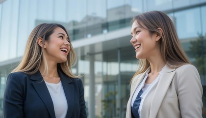 Obraz premium Businesswomen Laughing and Conversing Near Modern Building Professional Collaboration