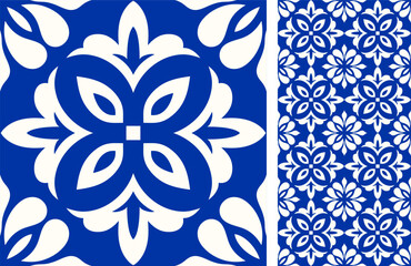 Seamless Azulejo tile. Portuguese and Spain decor. Ceramic tile in blue and white. Seamless Floral pattern. Vector hand drawn illustration, typical portuguese and spanish tile