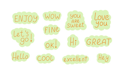 Playful handwritten text vector with pastel speech bubbles – fun lettering stickers for chat, casual phrases, and creative typography
