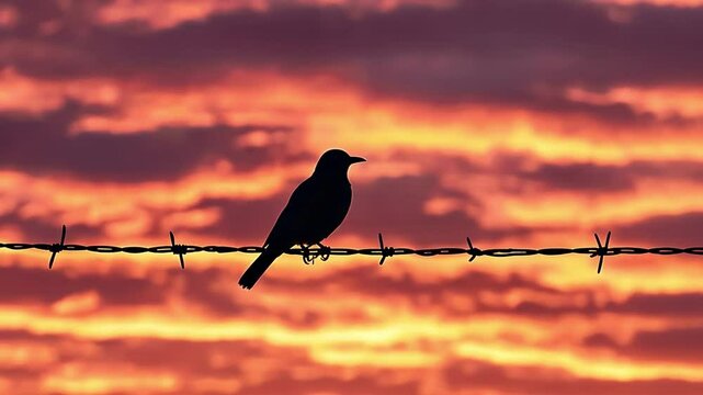 Silhouette of a Bird at Sunset: A solitary bird silhouette, perched on a barbed wire fence, is dramatically set against a fiery sunset, painting a picture of solitude and resilience.