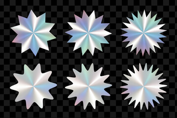 Holographic starburst badges set. Hologram labels or stickers design mockup collection. Shiny silver foil vector elements