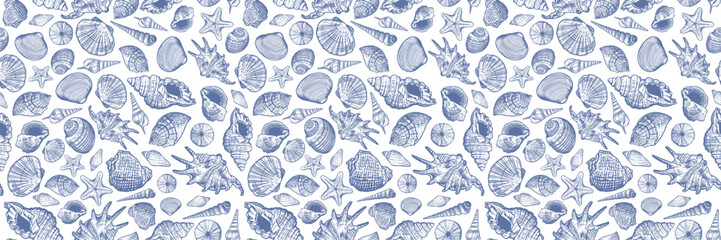 Summer print with blue and white color. Trendy seashells seamless pattern background. Sea wallpaper.