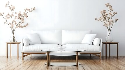 Modern white living room with plants and glass coffee table
