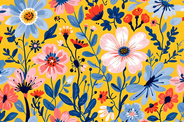 Vibrant Floral Pattern with Bold Colors on Yellow Background