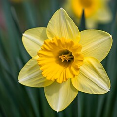 Fototapeta premium A soft and delicate daffodil in bloom, its bright yellow petals shining in the morning light
