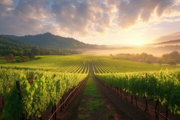 Fototapeta premium Serene morning light casts a golden hue over lush vineyards in a tranquil countryside landscape