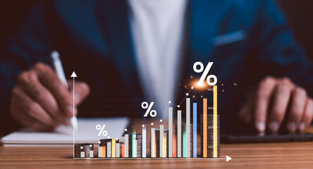 Interest rate and dividend concept, Businessman is calculating income and return on investment in...