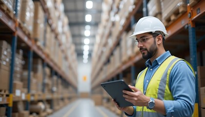 Warehouse Worker Using Tablet for Inventory Management Inside Industrial Storage
