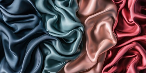 Fototapeta premium A vibrant arrangement of luxurious silk fabrics in various shades of blue, pink, and red, showcasing intricate folds and textures, ideal for fashion design or textile marketing