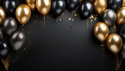Naklejka premium party celebration background with copyspace framed by black golden silver balloons