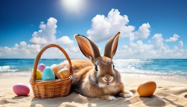a bunny relaxing on the beach with easter eggs and a basket