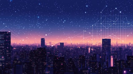Obraz premium Night city skyline with glowing graphs, futuristic urban view, possible stock photo for business or technology themes