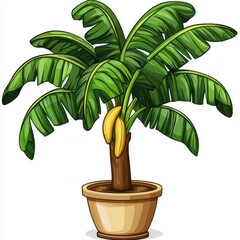 Lush Banana Plant in Pot with Green Leaves and Yellow Bananas, Perfect for Home or Garden Decor in Vibrant Color Palette