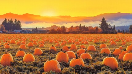 A vast field of ripe orange pumpkins sits in a valley, with mountains and a sunrise in the background
