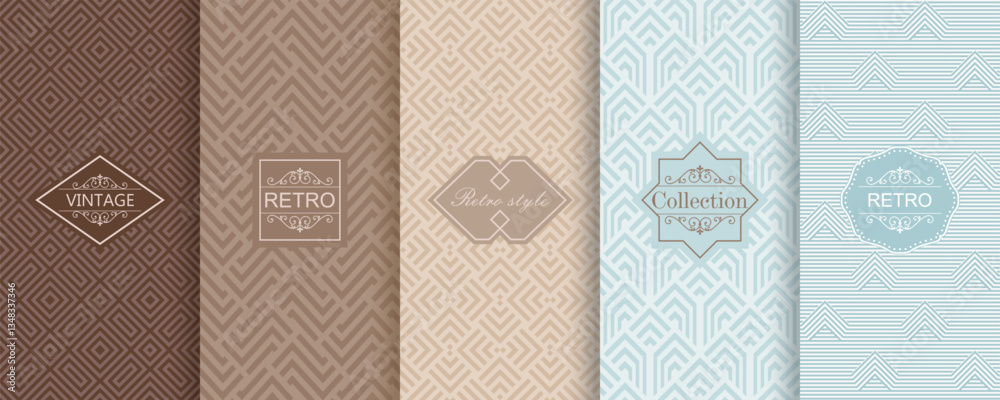 Poster Set of Cute geometric seamless patterns on modern background with minimal labels, frames. Abstract vector textures. Design for print, vaucher, decor, package, banner, card