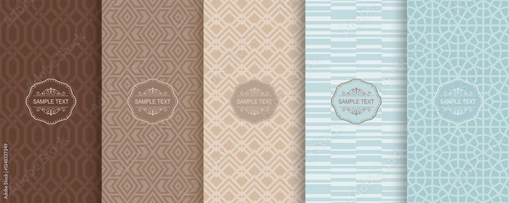Fototapete Set of Cute geometric seamless patterns on modern background with minimal labels, frames. Abstract vector textures. Design for print, vaucher, decor, package, banner, card