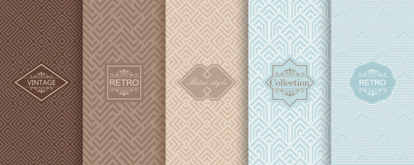 Set of Cute geometric seamless patterns on modern background with minimal labels, frames. Abstract vector textures. Design for print, vaucher, decor, package, banner, card