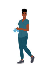 Black professional nurse, doctor woman wearing pink uniform, medical gloves. Pretty african american cartoon female character. Vector colorful illustration isolated on transparent background.