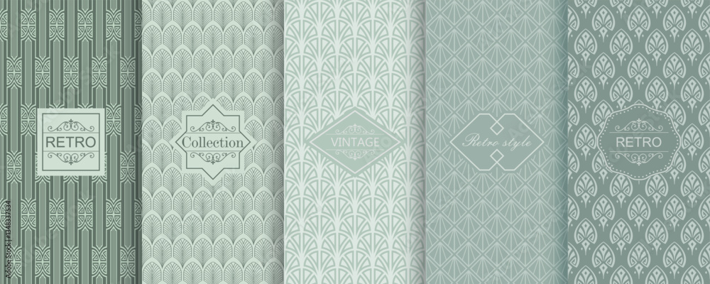 Poster Set of Cute geometric seamless patterns on modern background with minimal labels, frames. Abstract vector textures. Design for print, vaucher, decor, package, banner, card