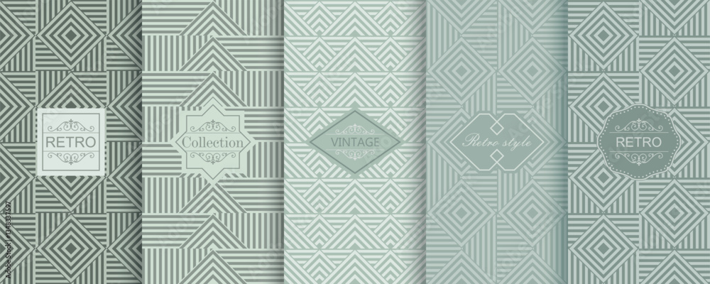 Poster Set of Cute geometric seamless patterns on modern background with minimal labels, frames. Abstract vector textures. Design for print, vaucher, decor, package, banner, card