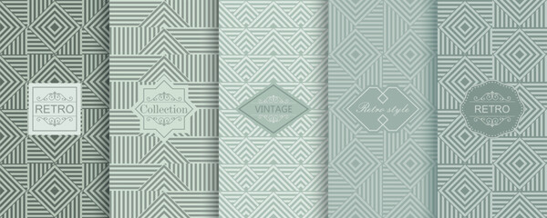 Set of Cute geometric seamless patterns on modern background with minimal labels, frames. Abstract vector textures. Design for print, vaucher, decor, package, banner, card