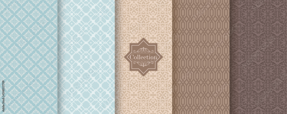 Poster Set of Cute geometric seamless patterns on modern background with minimal labels, frames. Abstract vector textures. Design for print, vaucher, decor, package, banner, card