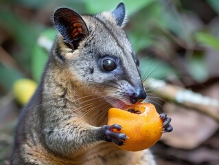 Naklejka premium Close up photo of Green Lemuroid Ringtail Possum eating a rainforest fruit details of its fur and whiskers in stunning clarity shot with a macro lens for a highly detailed and intimate perspective