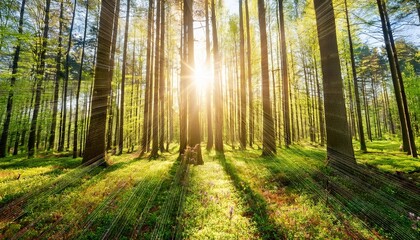 Obraz premium spring forest with bright sun shining through the trees