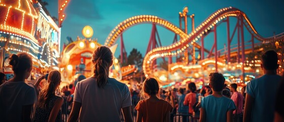 Obraz premium A vibrant evening scene at a carnival featuring a roller coaster, colorful lights, and excited visitors admiring the attractions against a twilight sky