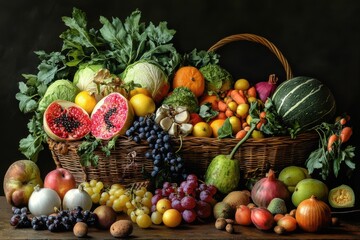 A vibrant, bountiful harvest basket overflowing with fresh fruits and vegetables in a rustic setting