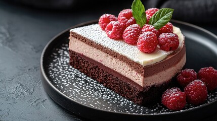 Delicious layered cake garnished with fresh raspberries and mint leaves