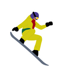 Fototapeta premium Girl Snowboarder jumping. Young woman wearing winter sport clothes riding snow board. Extreme winter sport. Outdoor holiday activity. Vector colorful illustration isolated on transparent background.