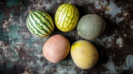 Colorful melons arranged on textured surface
