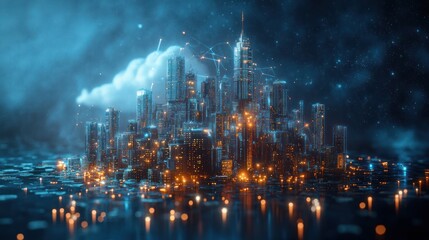 Fototapeta premium Futuristic city at night, illuminated cloud, digital network
