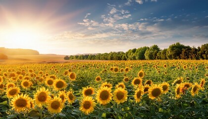 Fototapeta premium field of sunflowers flowering sunflowers in meadow sunflowers lit by sunlight beautiful landscape in summer
