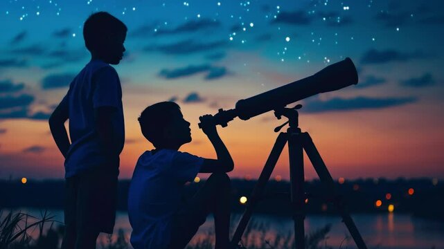 Silhouetted low-angle video of two kids stargazing with a telescope at dusk, capturing a serene and exploratory atmosphere under a starry sky.
