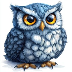 Cute blue owl with big eyes and fluffy feathers, perfect for nature lovers and wildlife enthusiasts, vibrant illustration style