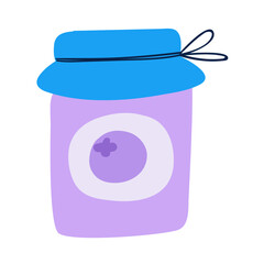 Glass jar of blueberry jam. Flat hand drawn vector illustration.