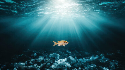 Fototapeta premium solitary fish swims gracefully through ocean filled with plastic debris, illuminated by beams of sunlight filtering from above, highlighting contrast between nature and pollution