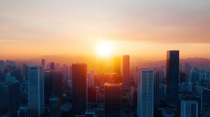 Fototapeta premium Breathtaking Sunset Over City Skyline with Modern Skyscrapers