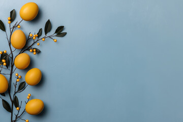 Bright yellow eggs arranged with branches and berries create cheerful Easter background. Perfect for festive celebrations