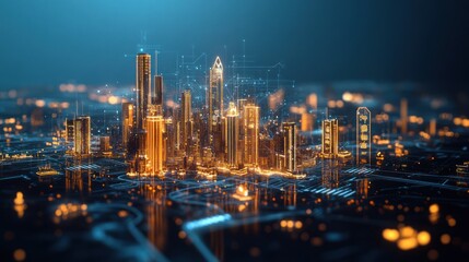 Fototapeta premium Futuristic city skyline at night with digital overlay (1)