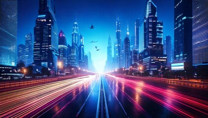 A high-tech highway in a cyberpunk city, stretching between massive neon-lit skyscrapers