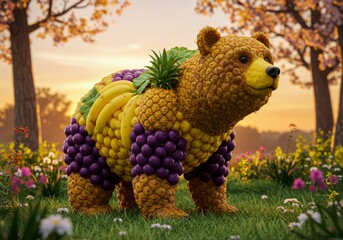 A whimsical bear sculpture constructed from various vibrant fruits
